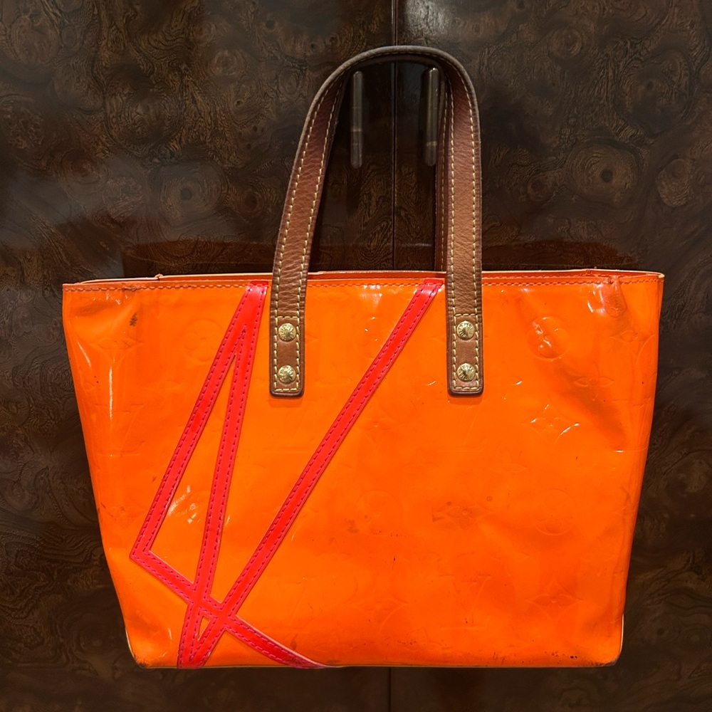 LV Neon Orange Vernis Small Tote Collab Robert Wilson